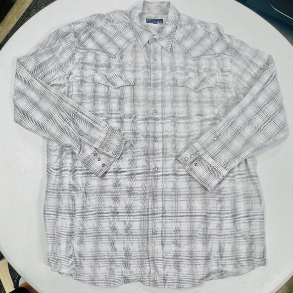 Roper Mens Plaid White Gray Western Long Sleeve Pearl Snap Button Shirt 2XL EUC - Picture 1 of 7